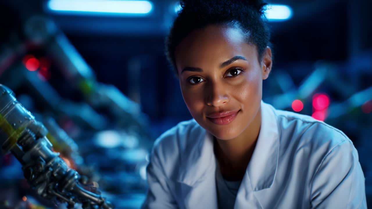 A skilled scientist in a futuristic laboratory, confidently showcasing her expertise and passion for technology, alongside advanced robotic arms in a cutting-edge research environment focused on innovation and discovery