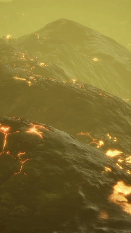 volcanic landscape with glowing lava flows during twilight hours