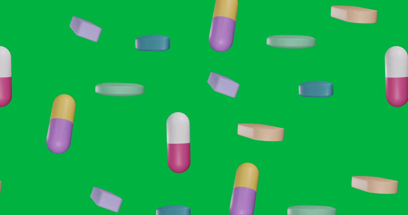 Animazione di pillole multicolori che si muovono su sfondo trasparente.
