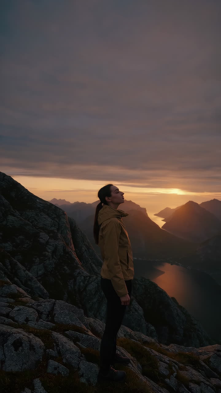 Donna che ammira il paesaggio scenografico di montagna e fiordo al tramonto