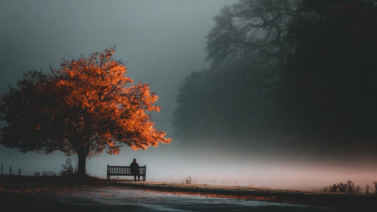 A Serene Autumn Morning: A Solitary Figure Sits Beneath a Vibrantly Colored Tree Amidst a Misty Landscape, Embracing the Tranquility of Nature's Beauty
