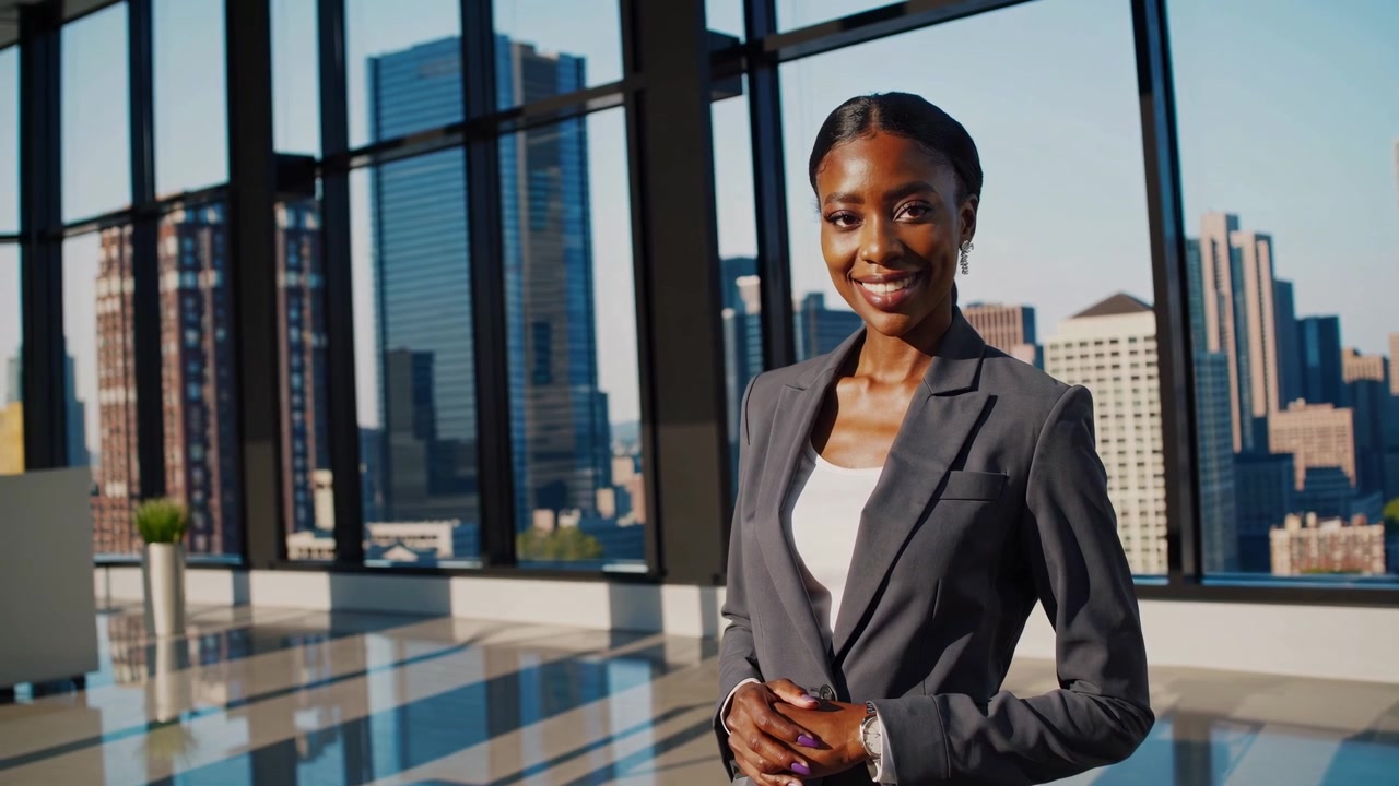 Selvsikker afroamerikansk forretningskvinde smilende og gestikulerende på moderne kontor