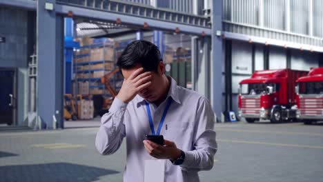 asian male professional worker standing with his smartphone, outside of logistics distributions warehouse, he is nodding his head with dissapionted