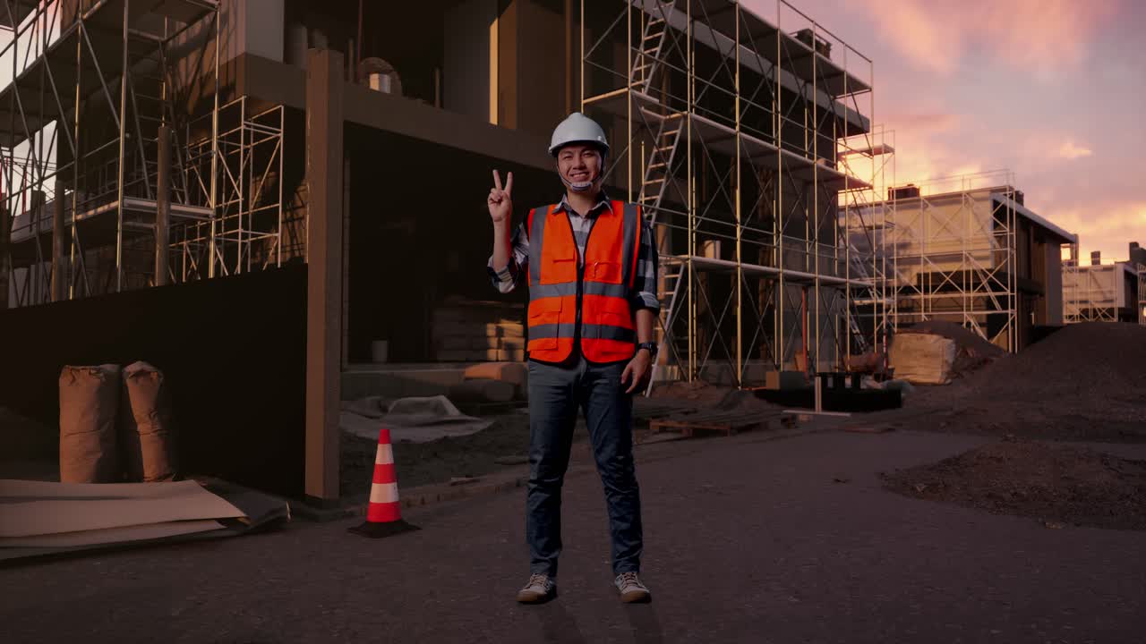 Smiling Construction Worker Making Peace Sign at Sunset Construction Site