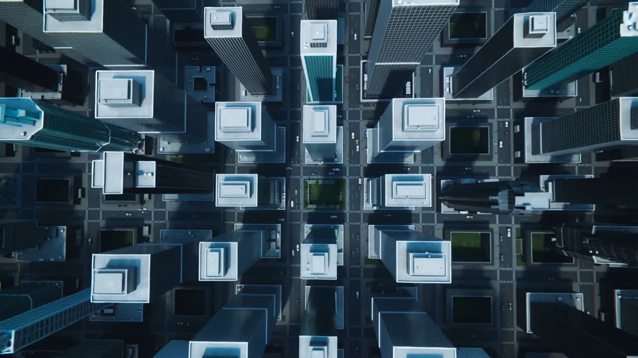 Pulling upward, camera revealing central tower cluster over downtown grid, showing plazas and cars