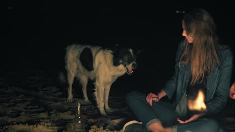 Attractive-caucasian-woman-feeding-cute-dog-sitting-by-the-bonfire-late-at-night.-Closeup-of-kind-woman's-hand-with-piece-of-sausage-and-face-of-playful-dog
