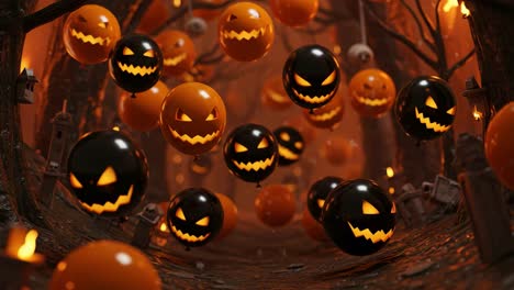 a spooky halloween scene captured in two frames featuring menacing jack-o'-lantern orbs in an eerie atmosphere surrounded by twisted trees and glowing lights