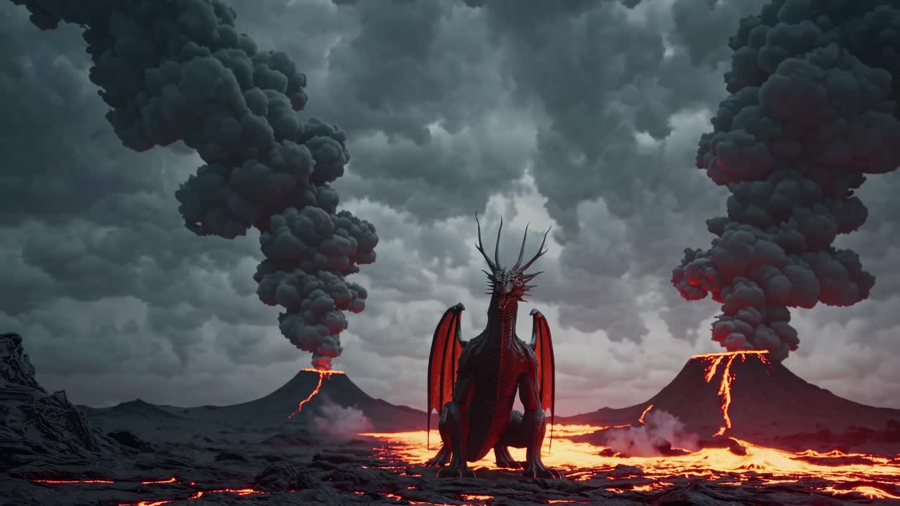 Aerial view of a dragon amidst erupting volcanoes, with dramatic clouds