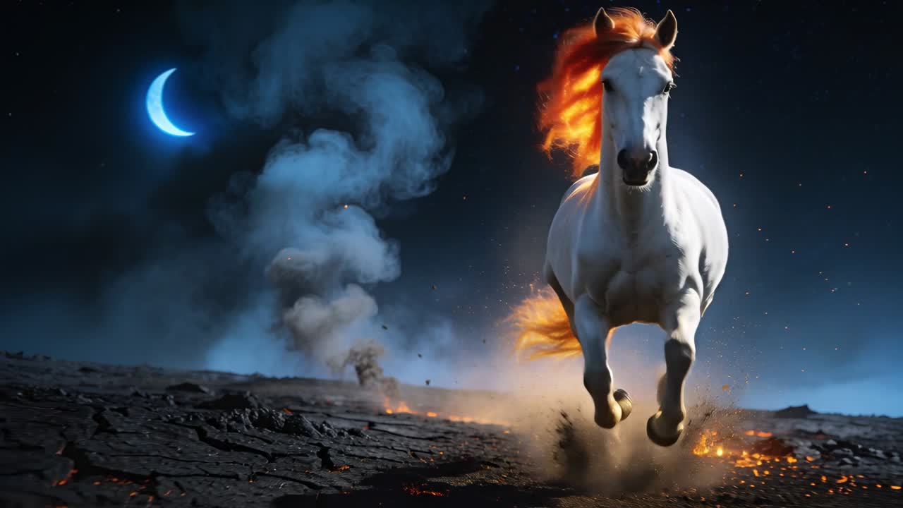 Galloping white horse with glowing mane moving toward camera across scorched plain, kicking embers