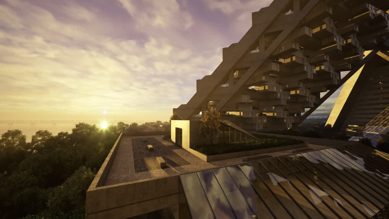 Modern architectural design overlooking a serene landscape at sunset