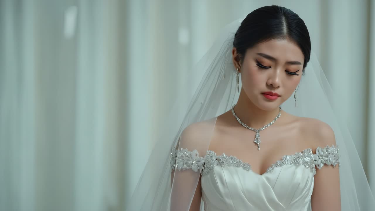 Pensive bride in elegant white wedding dress and veil standing alone, expressing deep emotional turmoil and inner conflict with downward gaze and melancholic demeanor