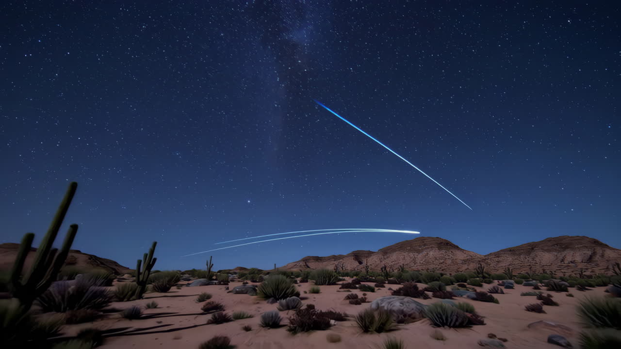 사막의 풍경 위에 있는 별의 흔적