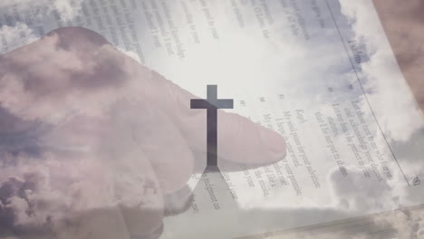 animation of a christian cross over a person reading the holy bible