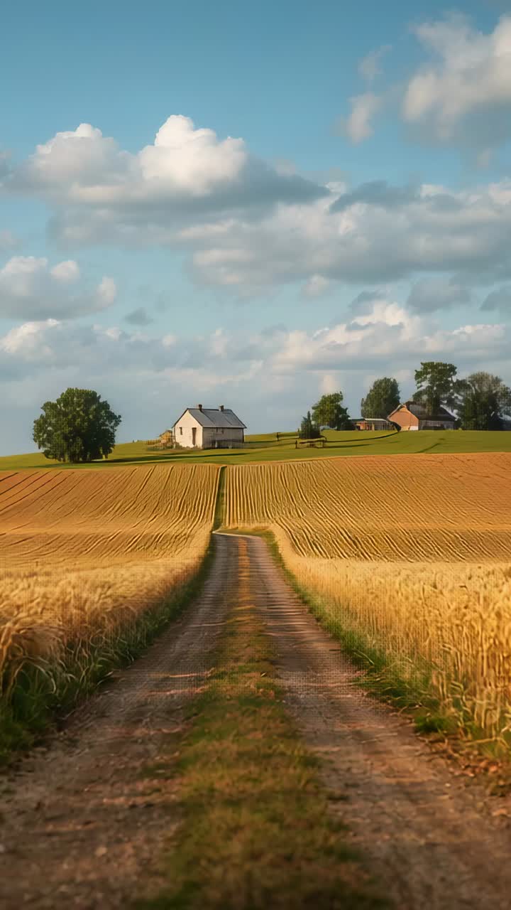 Vertical video: Camera pushing forward along center lane through golden fields toward farmhouse