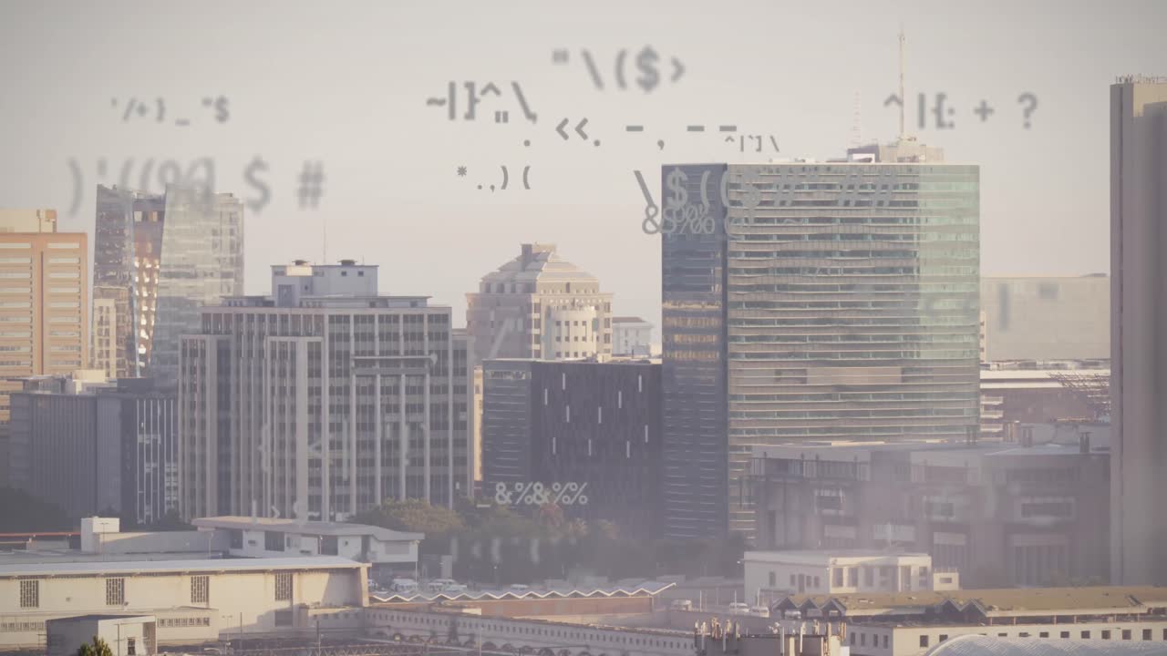 도시 풍경 위의 데이터 처리 애니메이션