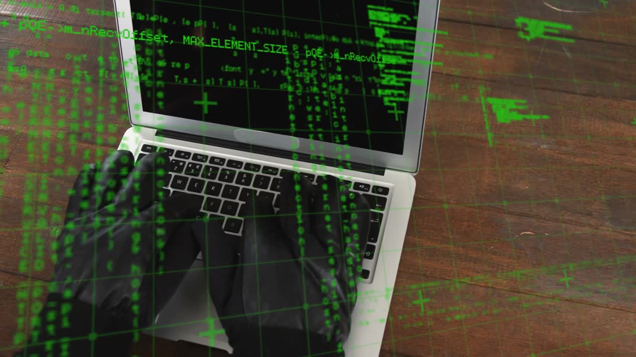 Animation of data processing over hands in gloves of hacker using laptop