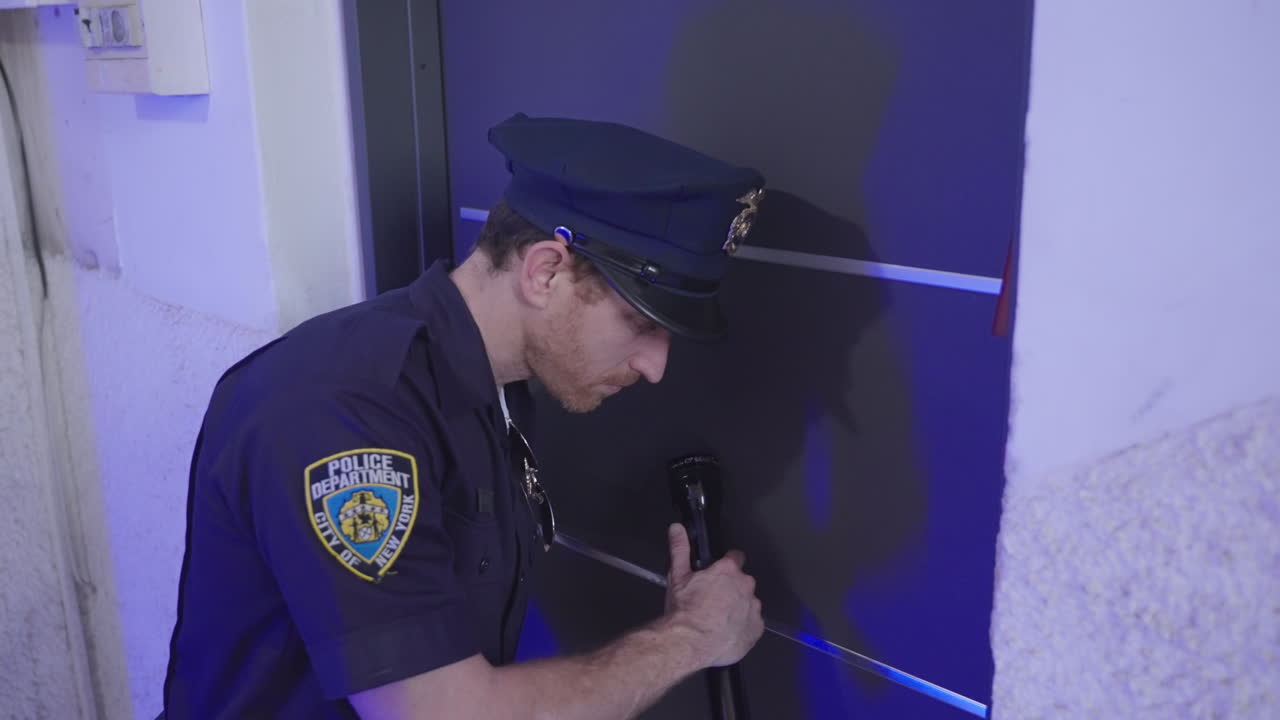 Police officer checking on apartment after a call as lights flash red and blue. Male cop walking inside house after hearing noises or report on disturbance. Cautiously entering inside with flashlight