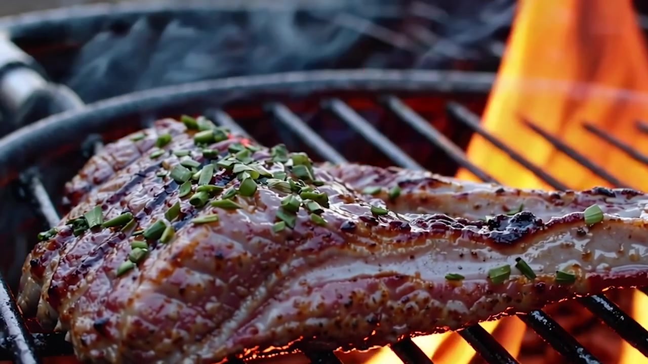 Seasoned Meat Cooking on a Hot Charcoal Grill with Flames