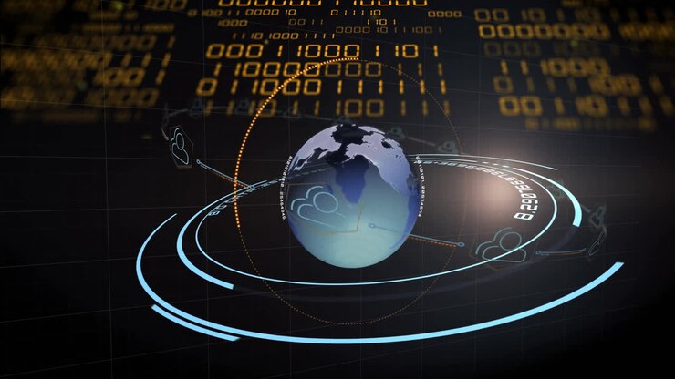 Animation of globe with binary coding and data processing over dark background