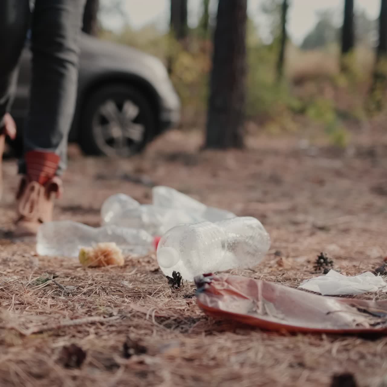 el conductor tira máscaras médicas y otras cosas en el bosque