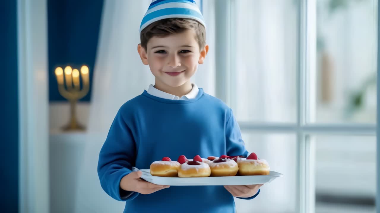 At home during Hanukkah, a jewish boy holding a tray of donuts with strawberry jam