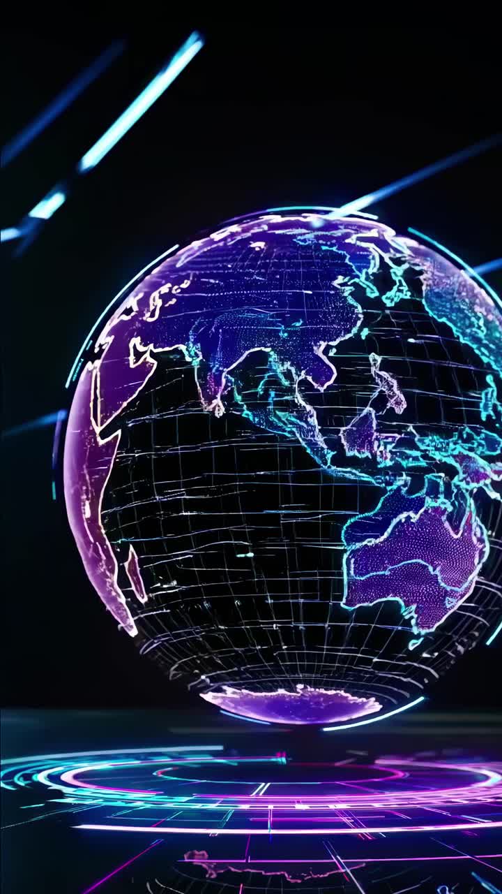 Futuristic video concept of a glowing digital globe with neon lights, viewed from a low angle