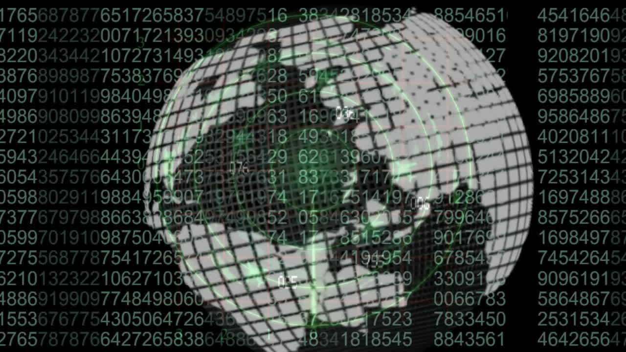 Globe with grid and numbers, data processing animation
