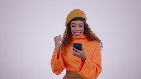 happy woman, phone and winning in celebration