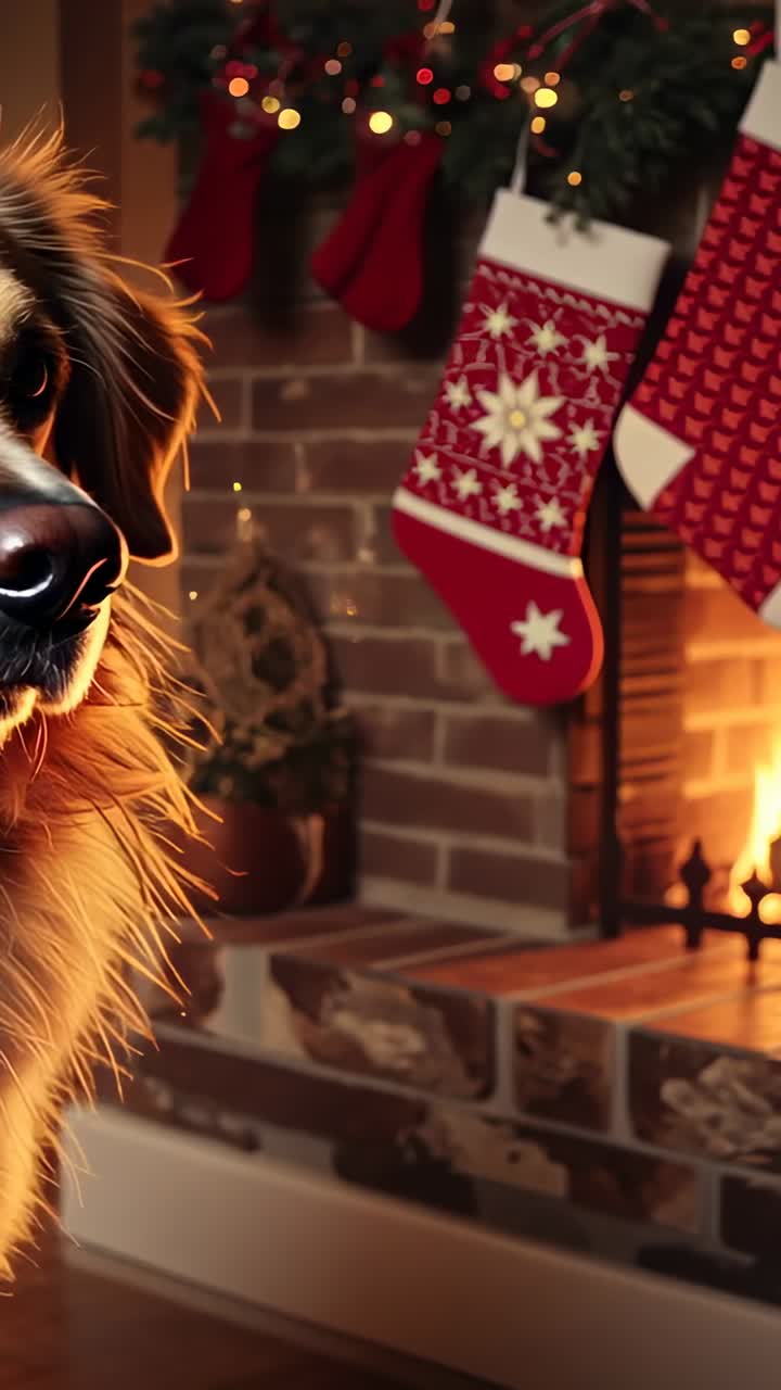 Vertical video: Camera shifting, golden dog turning head at home hearth with stockings, copy space