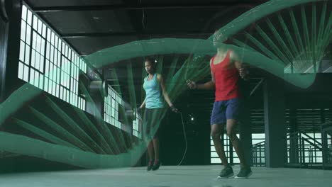 Animation-of-dna-strain-spinning-over-man-and-woman-woman-jumping-rope