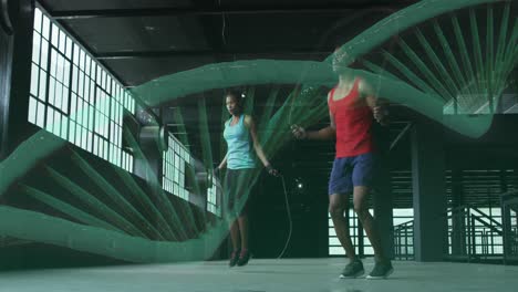 animación de la cepa de adn girando sobre hombre y mujer mujer saltando la cuerda