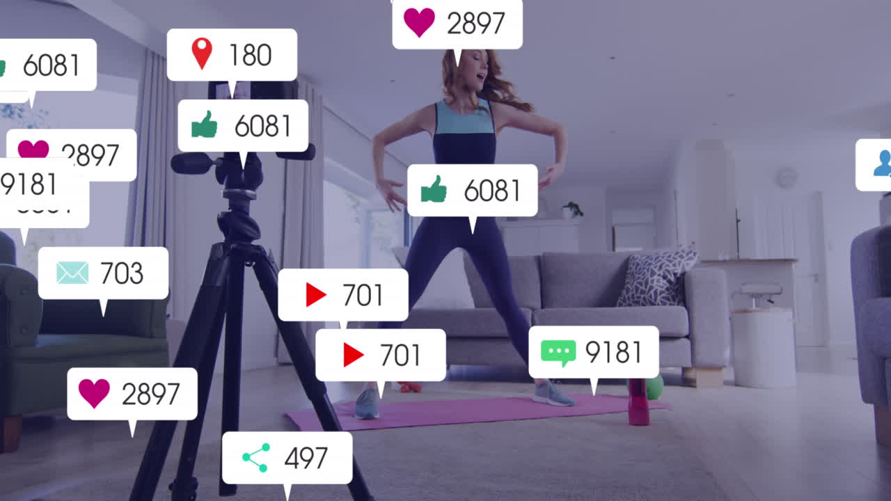 animación de barras de notificación sobre mujer caucásica grabando estiramiento usando cámara en casa