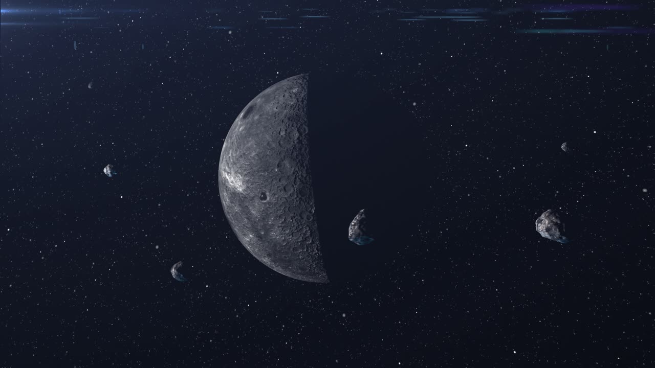 media luna con asteroides en el espacio