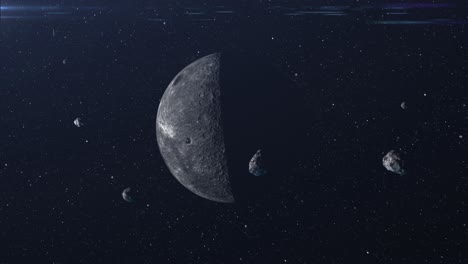 half moon with asteroids in space