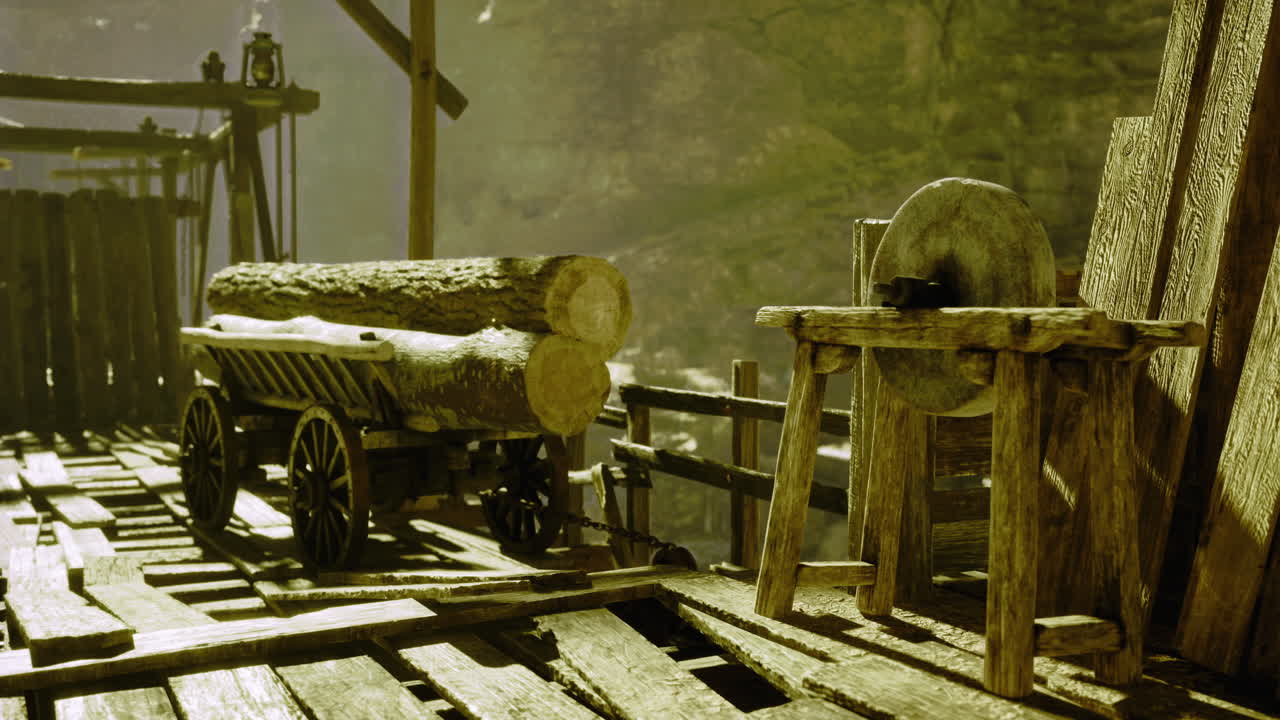 Old sawmill with logs on a wooden cart