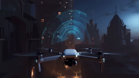 drone with holographic display flying through a futuristic city at night