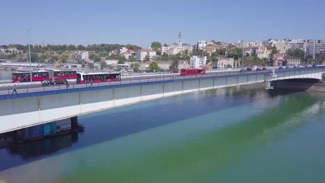 beautiful 4k aerial shot of belgrade downtown and branko bridge on sava river