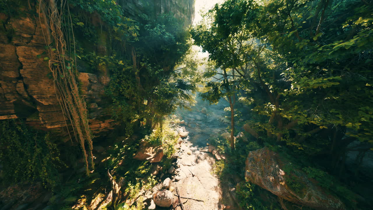 los rayos de sol iluminan un camino exuberante de la selva