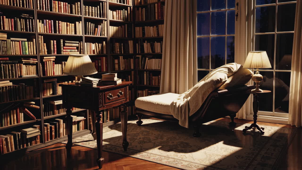 Cozy Nighttime Library Reading Nook