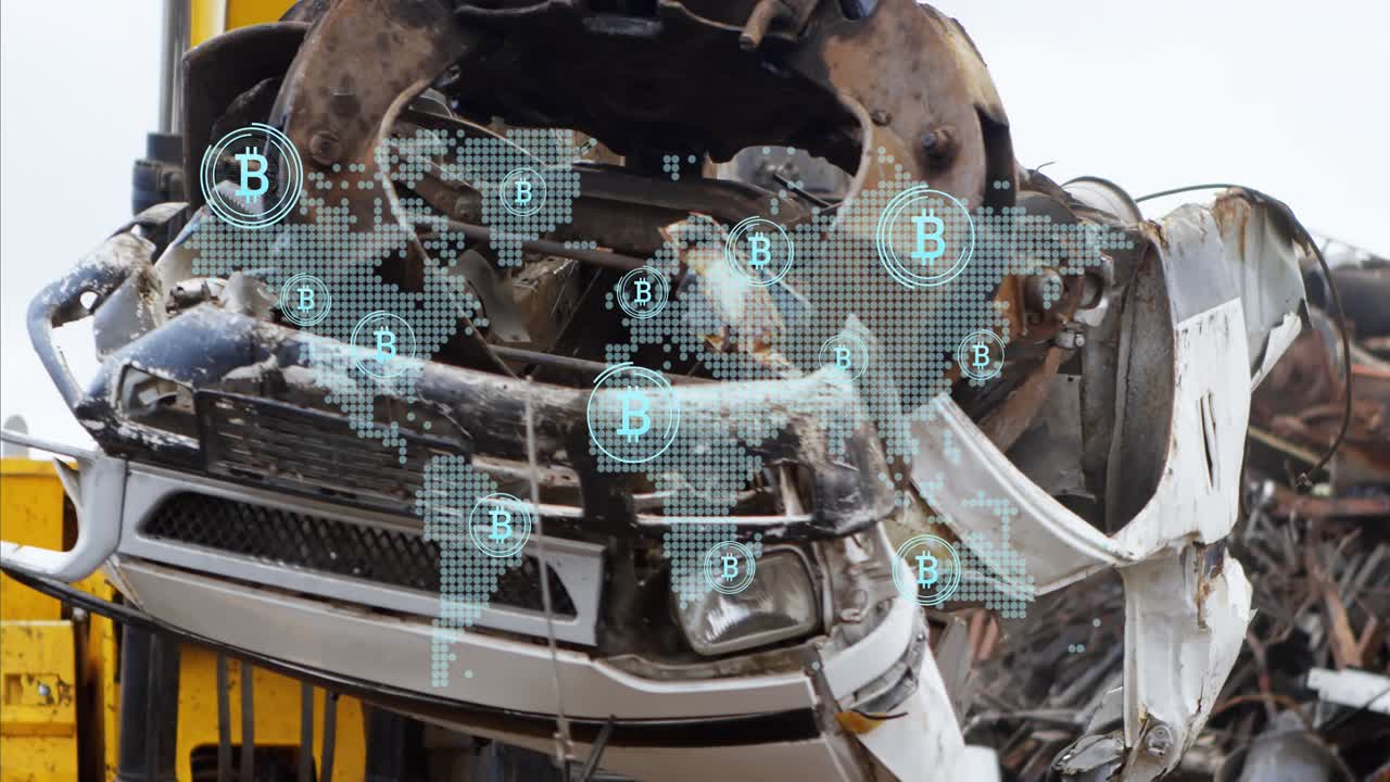 Animation of world map and bitcoins over car junkyard