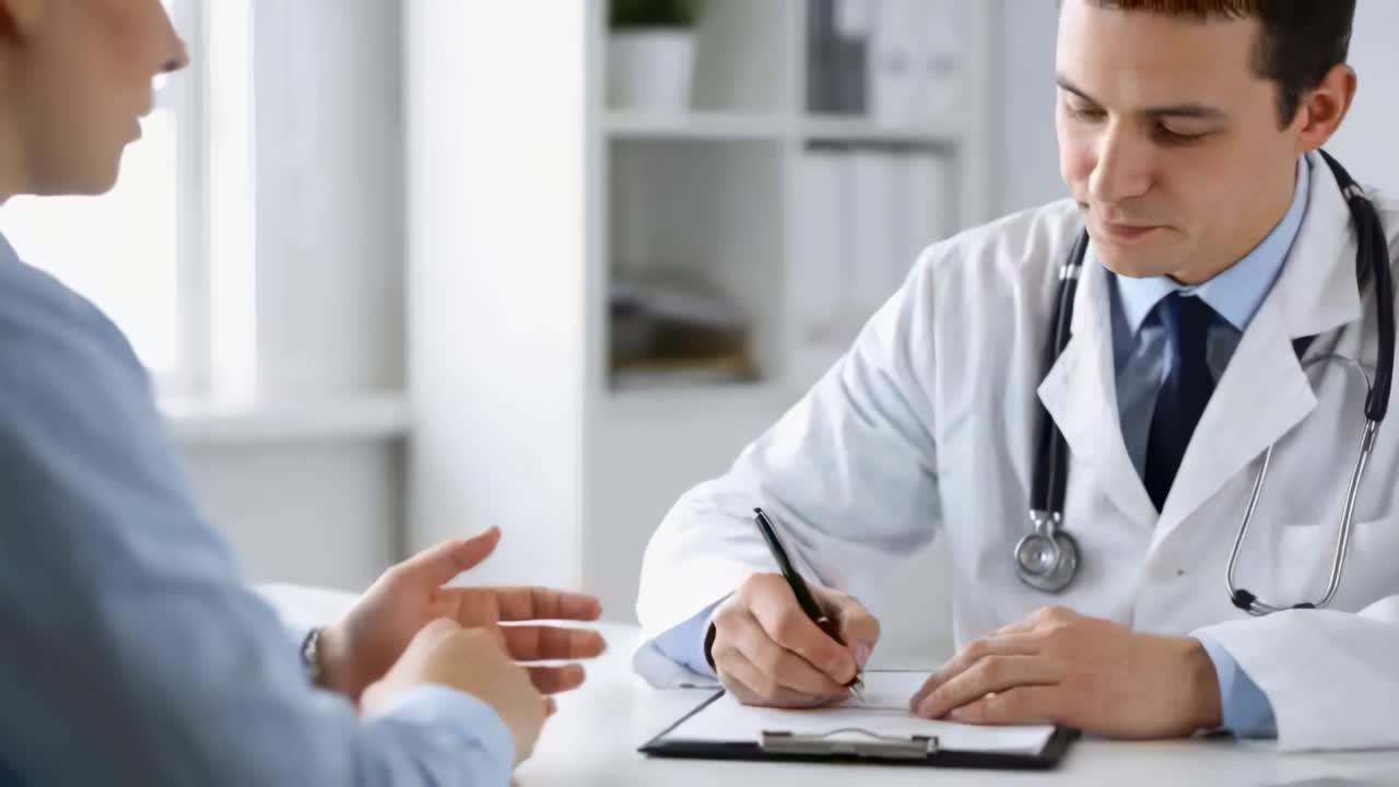 Médico de jaleco branco com estetoscópio escrevendo, interagindo com paciente em clínica, segurando prancheta.