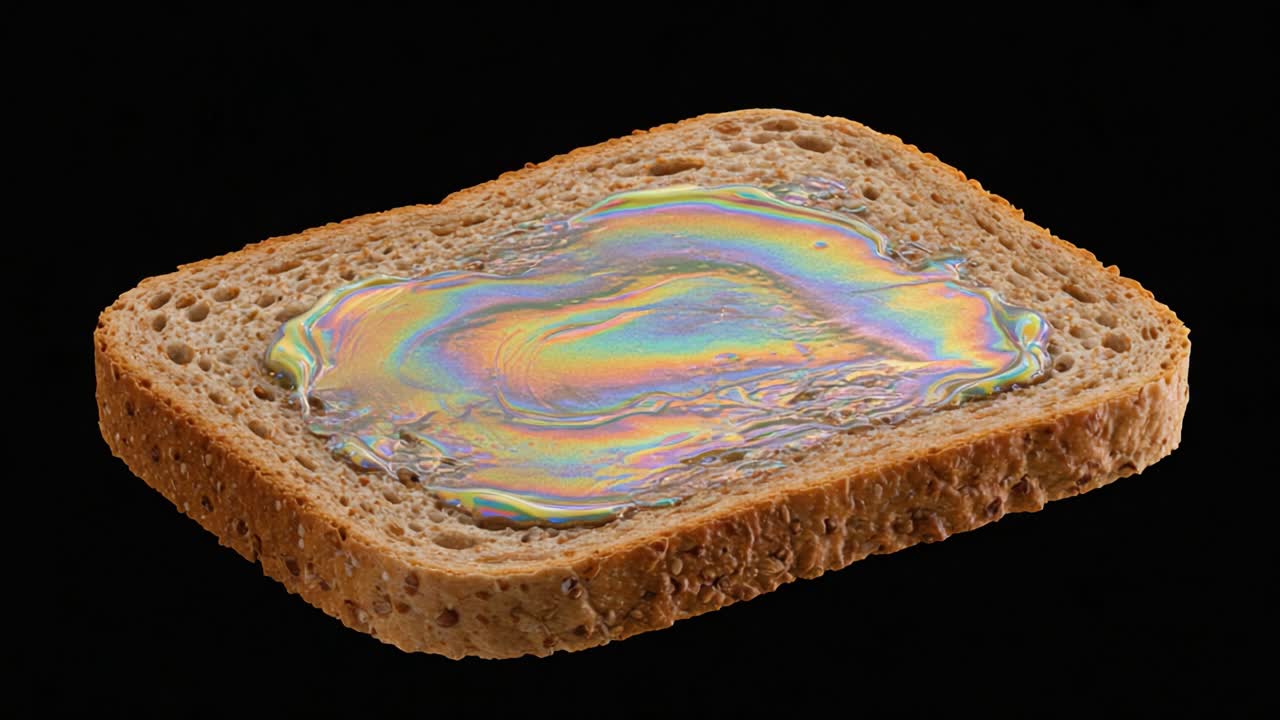 A Vibrant Exploration of Colorful Patterns on Bread: Examining the Intriguing Layer of Iridescent Substance on a Slice of Whole Grain Toast