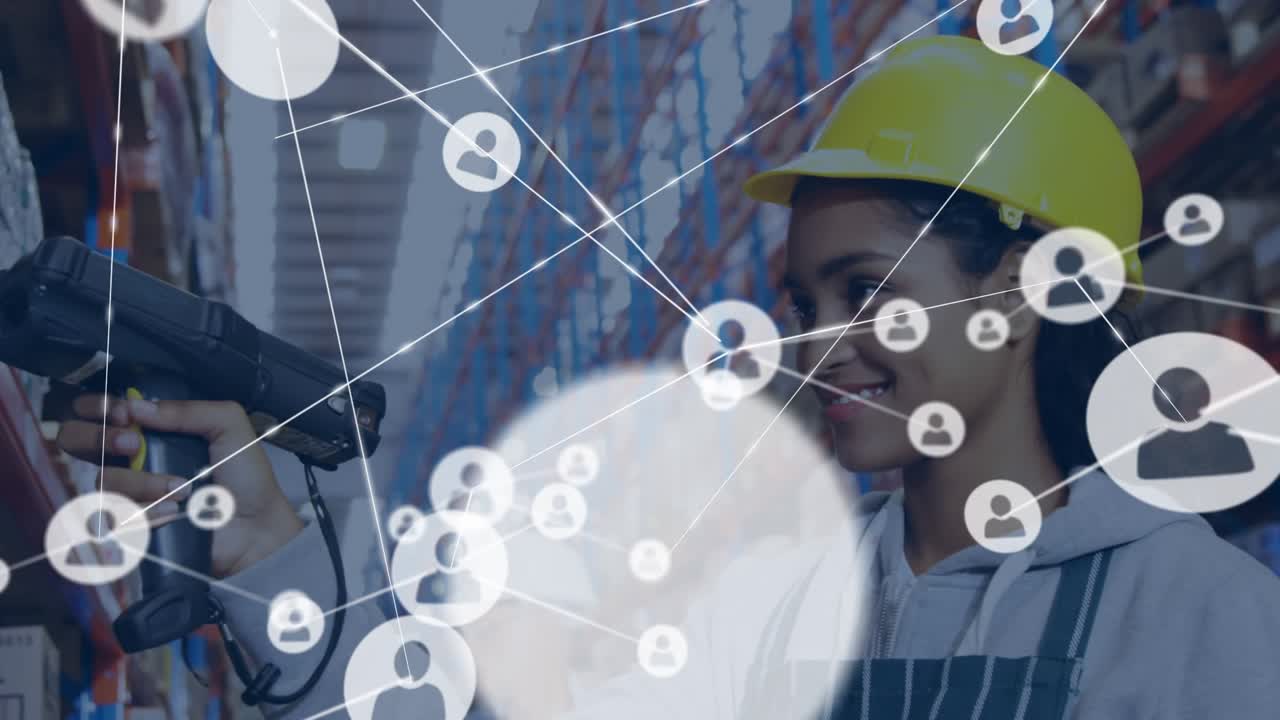 Animazione di una rete di connessioni con icone su una lavoratrice in magazzino.