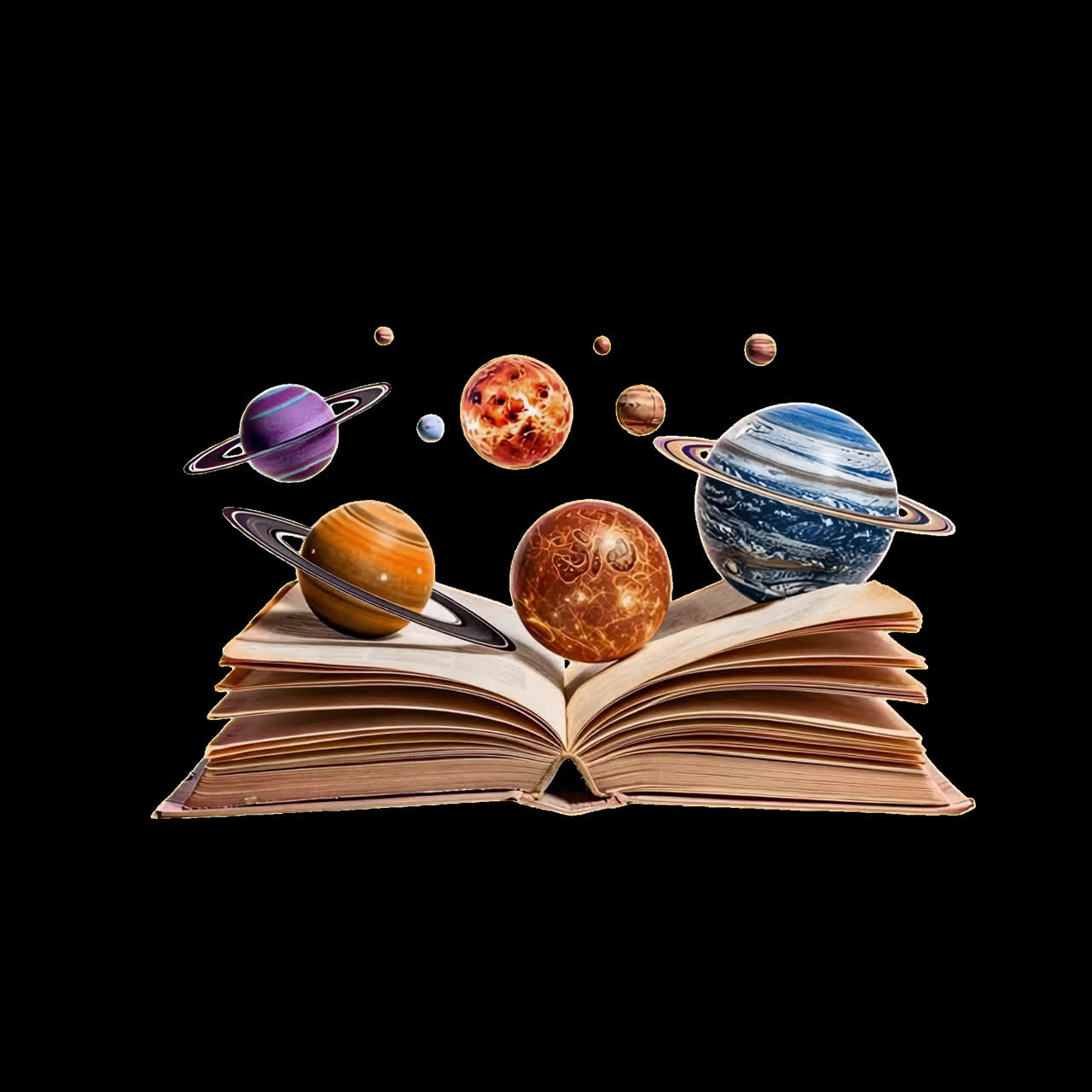 Planets emerging from book animation isolated asset, transparent 4K video, alpha channel, ProRes