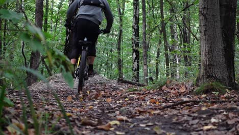 Statische-Aufnahme-In-Zeitlupe-Von-Hinten-Eines-Mountainbikers,-Der-Im-Wald-Auf-Einem-Elektrischen-Mountainbike-Springt-Und-Herunterfällt