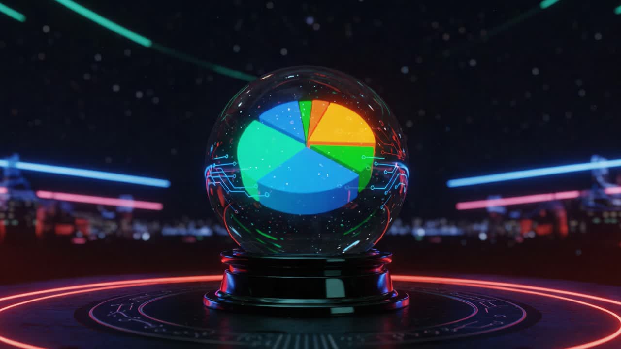 A Futuristic Crystal Sphere Displaying a Colorful Data Visualization with Luminous Circles, Set Against a Dark High-Tech Background
