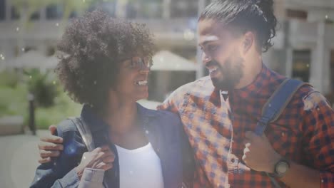 animation of light spots over diverse couple, slow motion