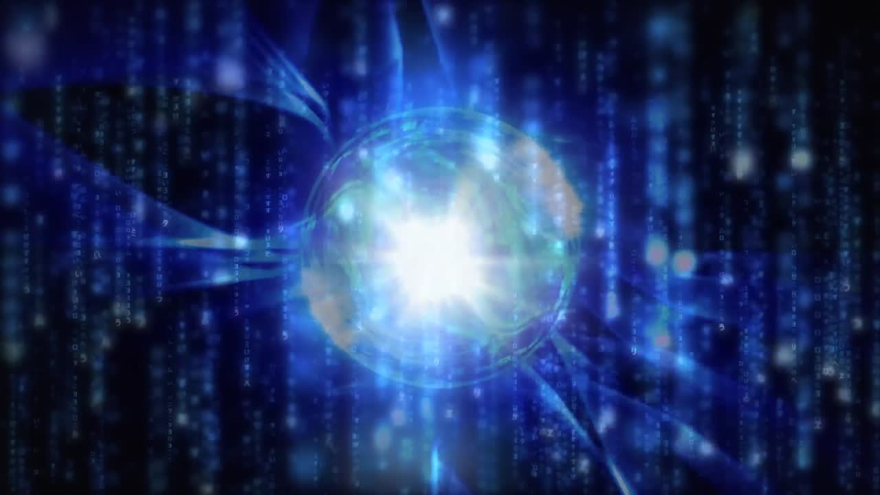 푸른 입자가 떨어지는 어두운 배경에 파동하는 모양으로 둘러싸인 밝은 지구