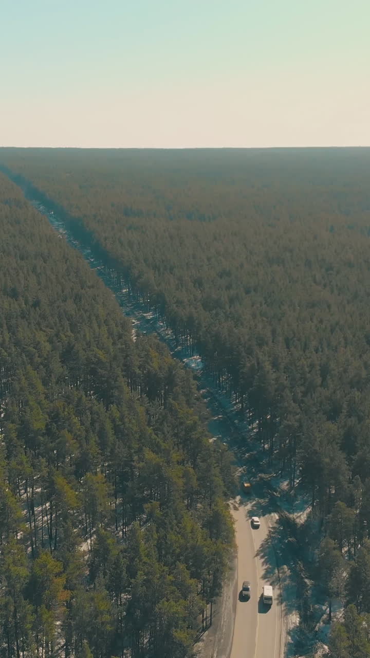 long road runs straight crossing endless green thick spring pine tree forest covered with melting snow bird eye view