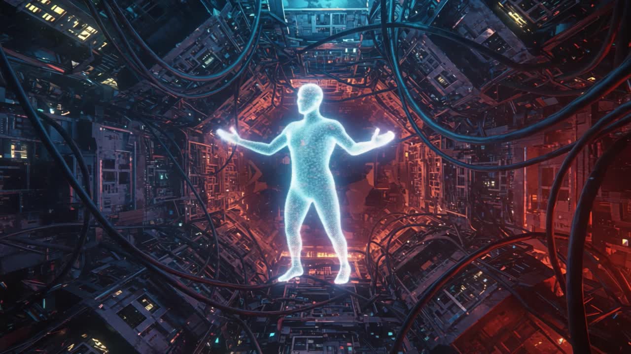 A Digital Figure Captured in a High-Tech Environment, Surrounded by Complex Machinery and Vibrant Lights, Representing the Fusion of Humanity and Technology